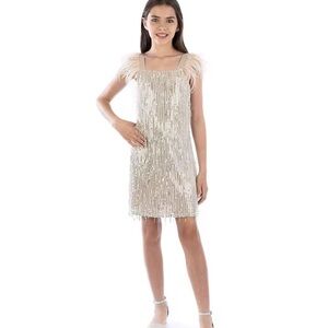 Xtraordinary Silver Sequin Dress with Cream Feathers